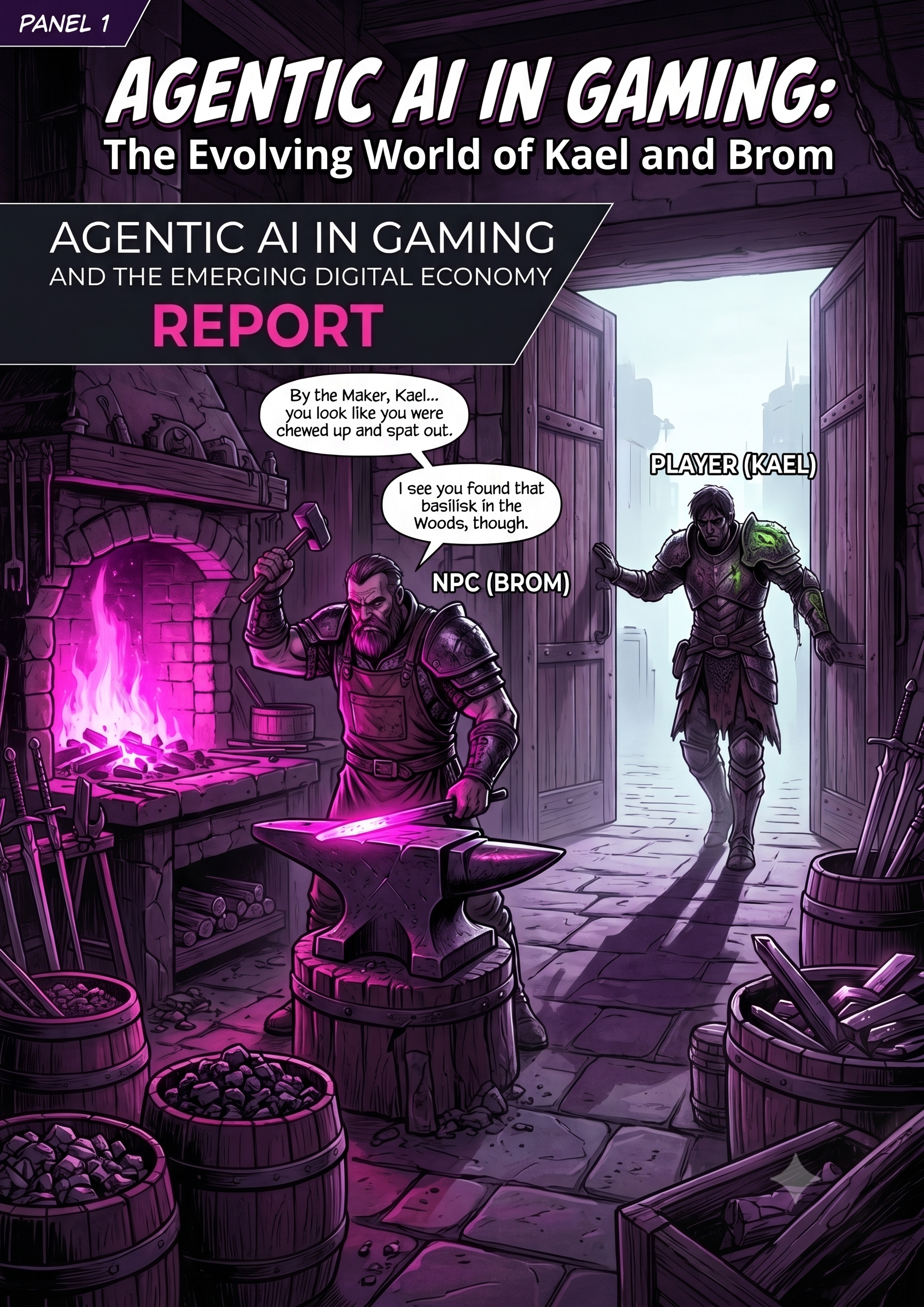 Comic panel: blacksmith NPC Brom greets returning player Kael in the forge
